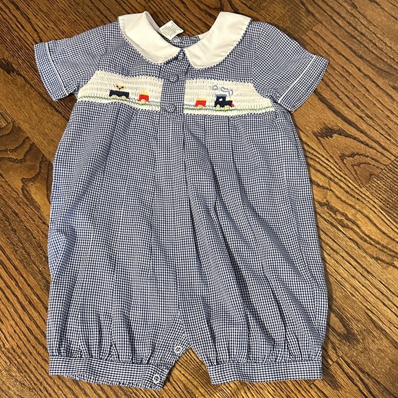 Royal Child Other - Blue Checkered Baby Romper with Train Smocking